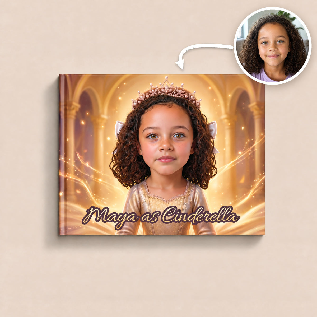 The personalized Cinderella hardcover with the photo it was made from