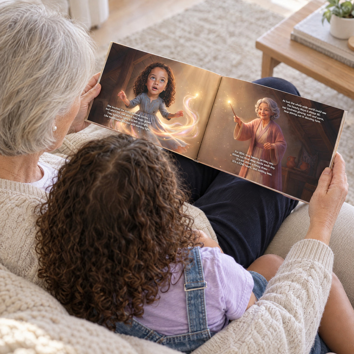 A grandmother reading the book with a child