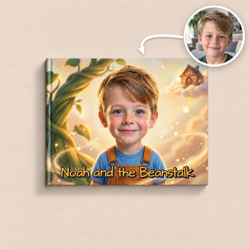 The personalized Jack and the Beanstalk hardcover with the photo it was made from