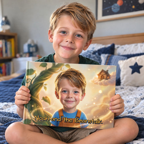 A boy holding his Jack and the Beanstalk hardcover (sample child)