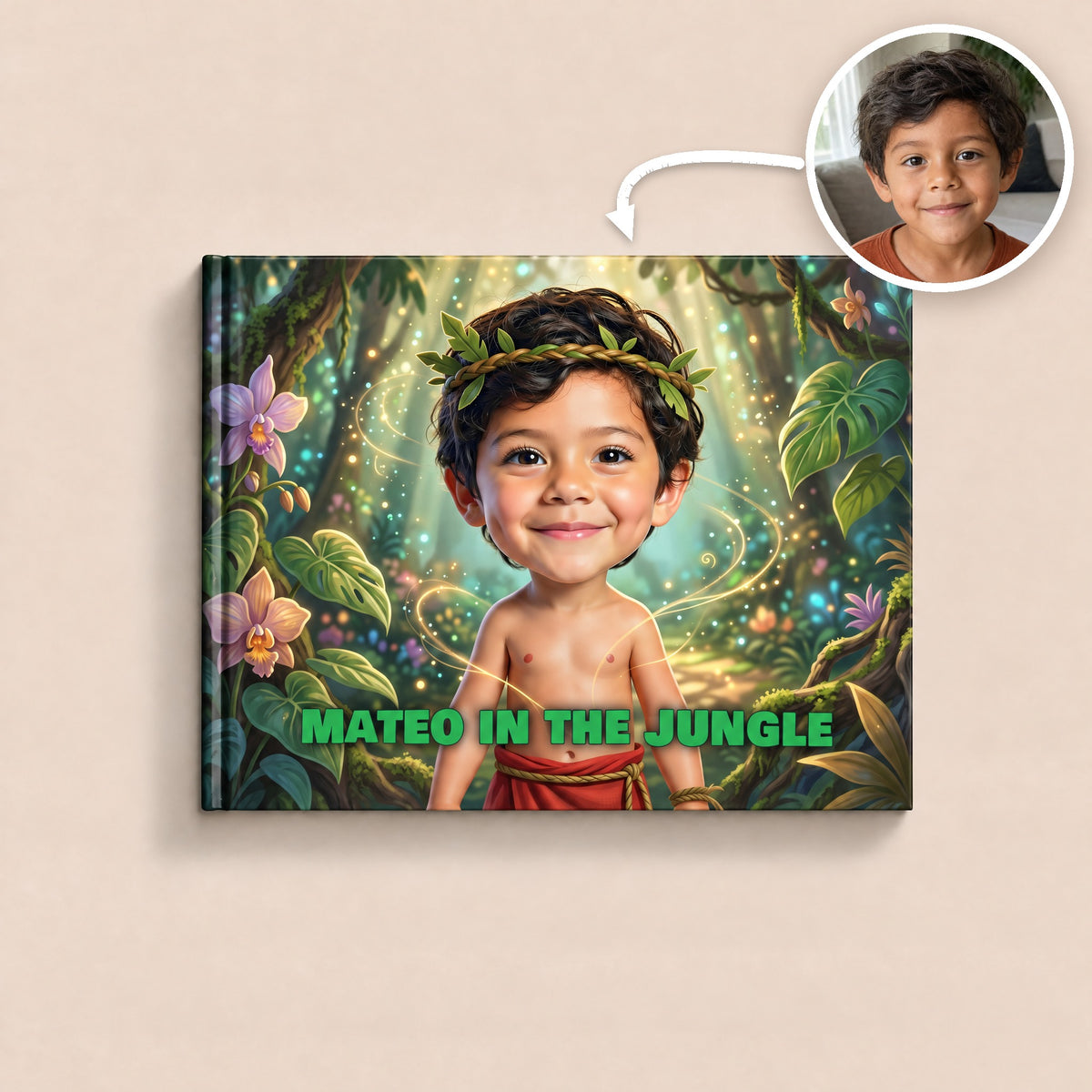 The personalized Jungle Book hardcover with the photo it was made from