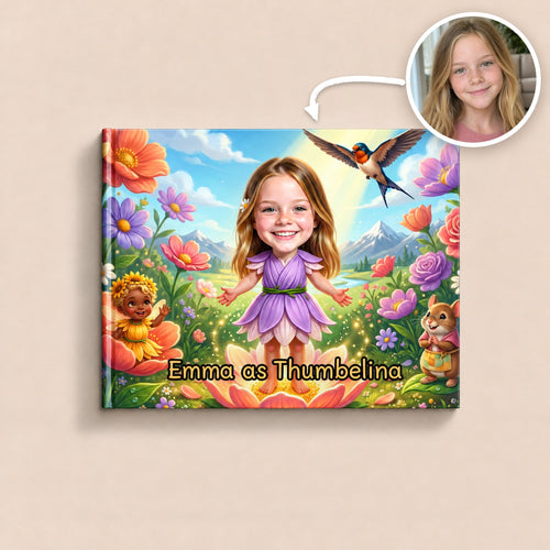 The personalized Thumbelina hardcover with the photo it was made from