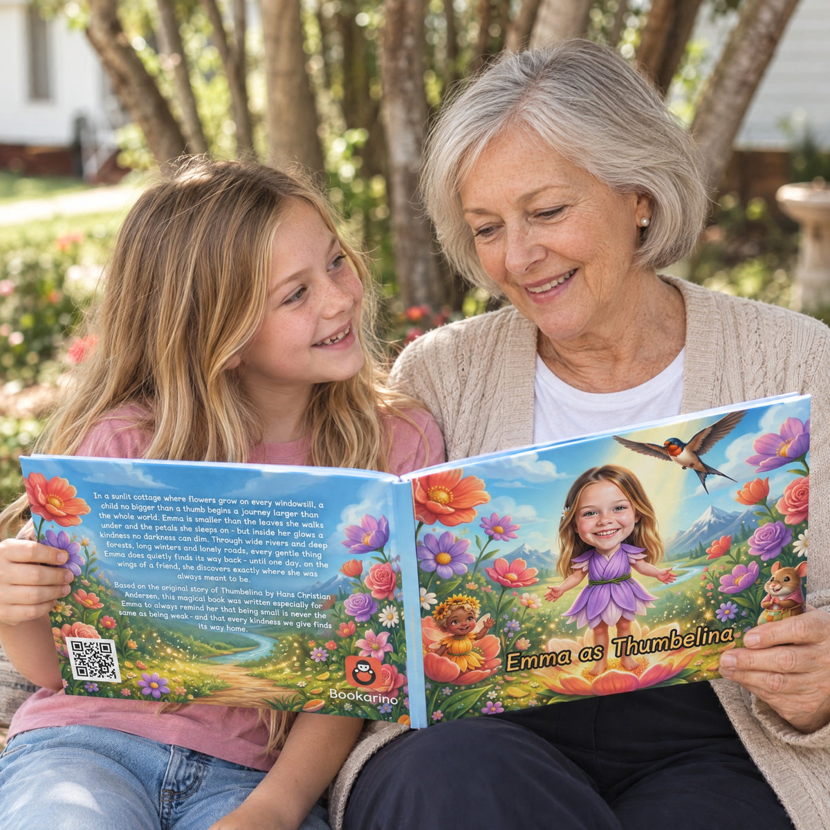 A grandmother reading the book with a child
