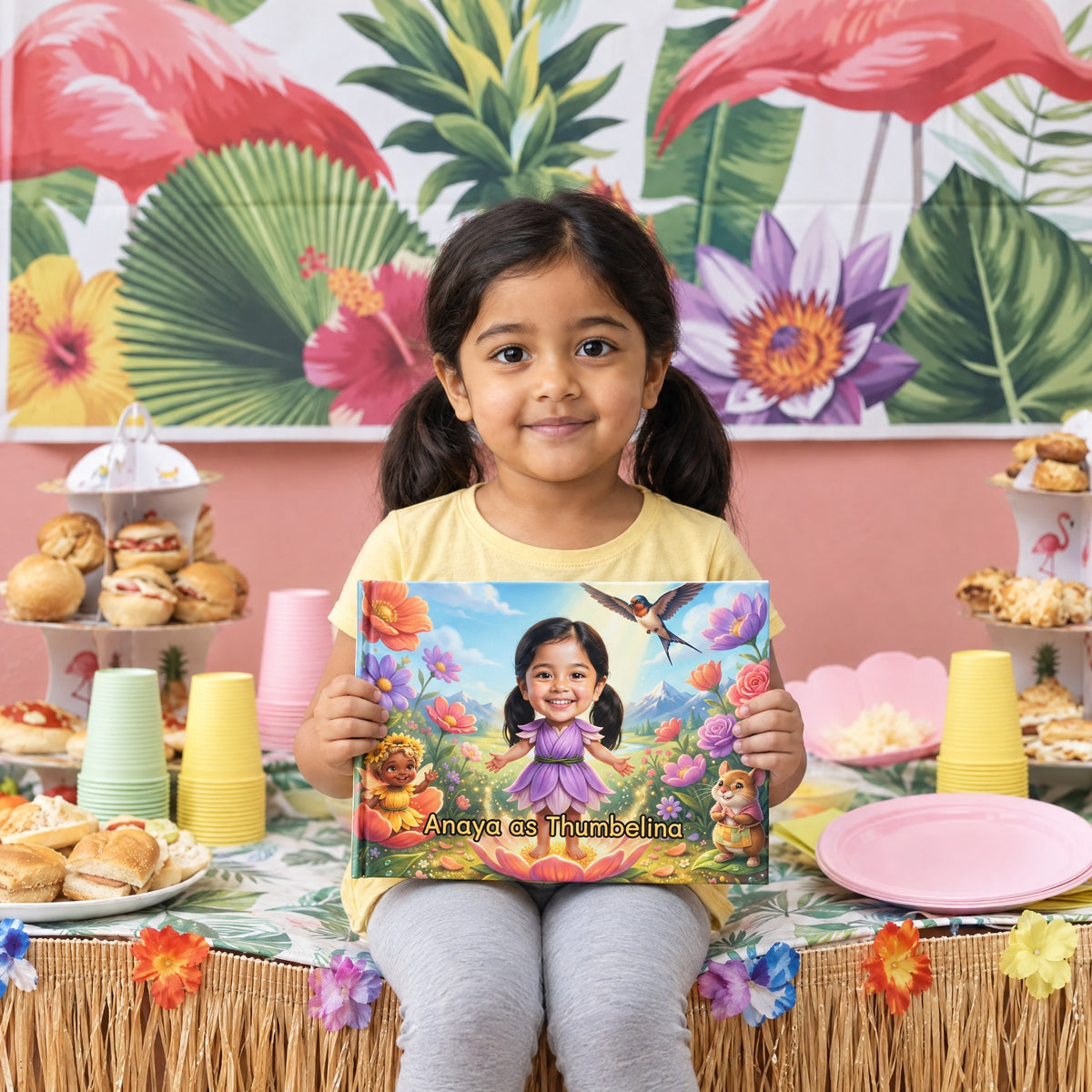 A girl with the book at a birthday party