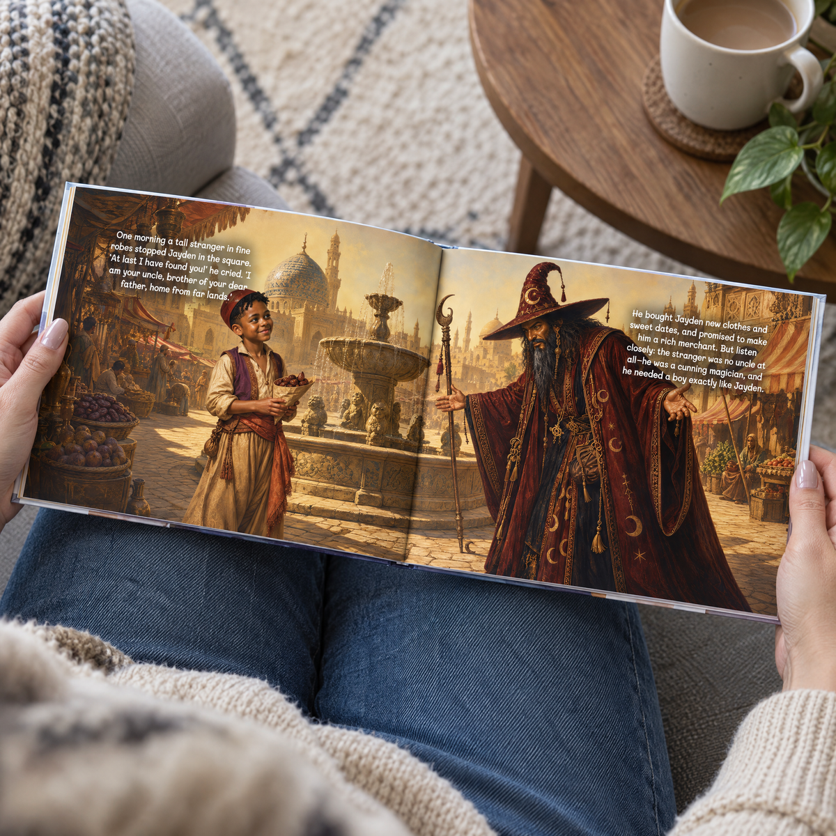 The open Aladdin book on a lap